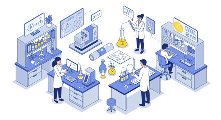Poster - Isometric science laboratory with scientists conducting experiments in