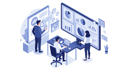 Poster - Data analysis team working on business growth strategies in isometric