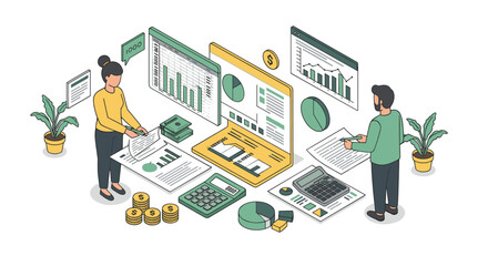 Poster - Isometric financial analysis scene with charts and people working on d