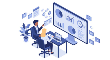 Poster - Isometric business team analyzing data on large screen in modern offic