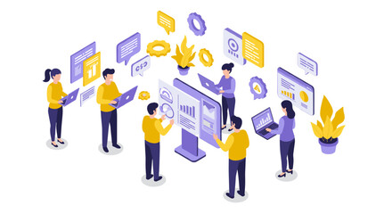 Poster - Isometric team collaboration with digital devices and data analysis