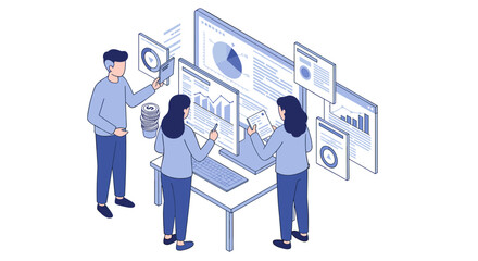 Poster - Team analyzing data in office with charts and graphs in isometric desi