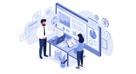 Poster - Isometric team analyzing business data on digital dashboard