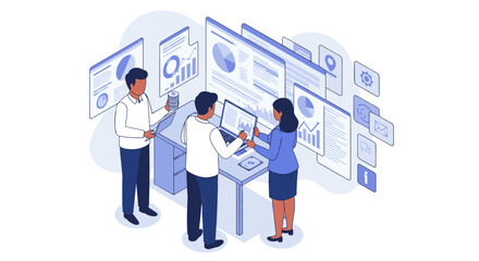 Poster - Collaborative team analyzing data on digital interfaces with isometric