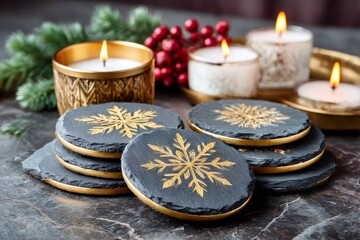 Wall Mural - christmas table setting with golden snowflake coasters and burning candles