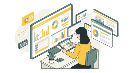 Poster - Professional woman analyzing data on multiple screens in modern office