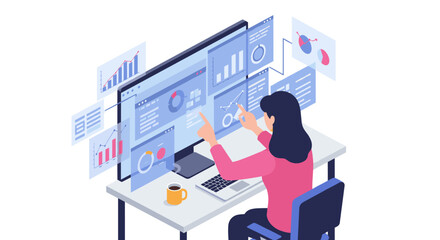 Poster - Analyst engaging with virtual data analytics dashboard in office setti
