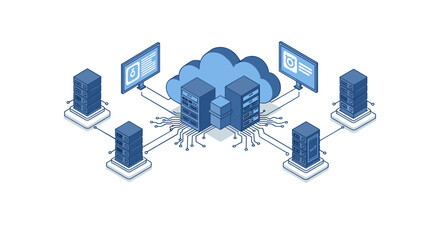 Poster - Isometric cloud computing network with connected servers and data cent