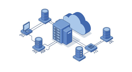 Poster - Isometric cloud computing network with servers and connected devices