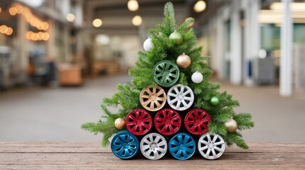 Wall Mural - christmas tree made out of car tires. the tree is decorated with ornaments and lights