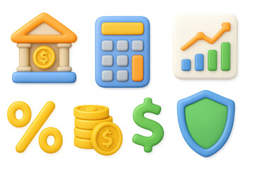 Poster - Colorful 3d finance icons: bank, calculator, growth chart, money, secu