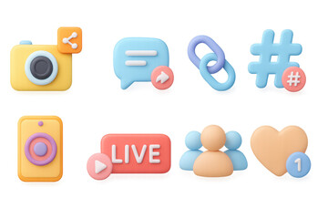 Poster - Colorful 3d social media icons set with chat, camera, and hashtag symb