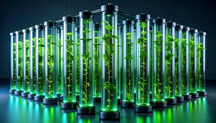 Array of vertical glass tubes, each containing a vibrant green plant, illuminated from below, set against a dark background