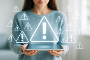Poster - Woman holding tablet with digital warning signs floating, symbolizing system alert or cybersecurity concept on light tech background. Ai generative.
