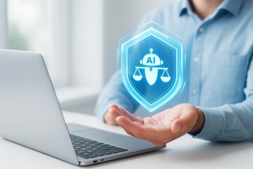 Poster - Artificial intelligence law and ethics hologram above man's hand near laptop, symbolizing AI regulation and justice in technology concept.