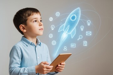 Poster - Young boy holding tablet with glowing rocket and tech icons representing innovation and digital future on light gray background. Ai generative.