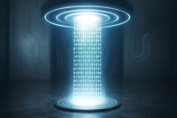 Poster - Futuristic data transmission beam with binary code stream and glowing blue light on digital background representing advanced technology concept.