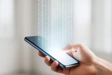 Poster - Digital binary code emerging from smartphone held by hand on bright background, symbolizing modern mobile data technology and innovative business concept.