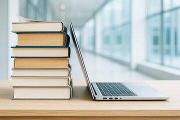 Poster - Stack of books beside open laptop on wooden desk with bright modern interior in background showing concept of digital and traditional education balance.
