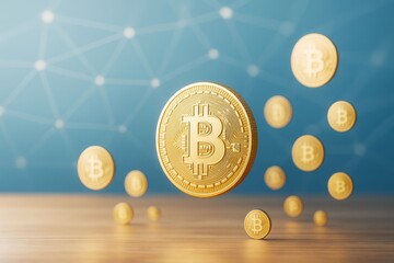 Poster - Golden bitcoin symbols floating above wooden surface with tech-inspired light blue background representing digital cryptocurrency concept.