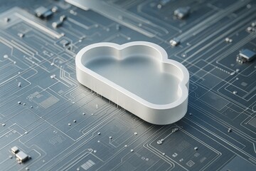 Poster - Metallic cloud icon on futuristic circuit board background symbolizing digital cloud technology and modern tech infrastructure concept.