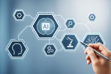 Poster - Artificial intelligence network interface with digital icons and robotic automation on futuristic blue background held by hand with pen in focus.