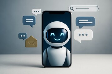 Poster - Chatbot robot smiling on smartphone screen surrounded by communication icons and message bubbles on abstract tech background. Ai generative.