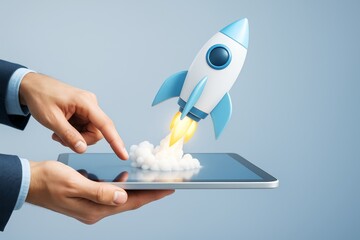 Poster - Businessman's hand launching cartoon rocket from tablet screen on light blue background, symbolizing startup and technology innovation concept.