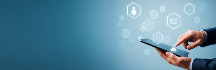 Poster - Businessman using digital tablet with cloud computing icons on blue tech background for technology promotion or advertising template.
