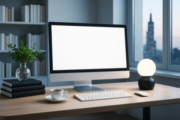 Poster - Modern workspace with blank computer screen on desk in office with city view, perfect for design mockup or business promotion concept.