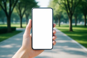 Poster - Hand holding modern smartphone with blank white screen outdoors in park setting, ideal for app or website mockup and advertising concept template.