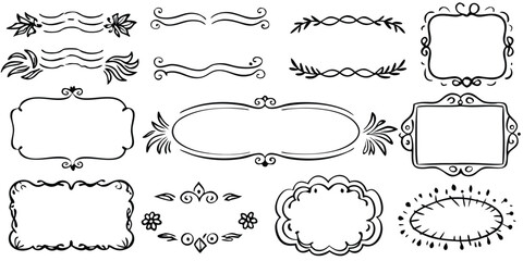 Collection of decorative hand drawn ornamental frames and borders in vintage style