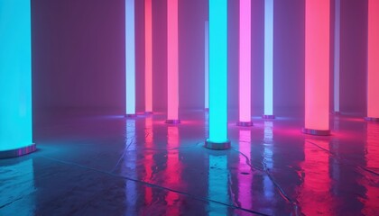 Poster - Vibrant neon lights in pink, purple, blue, teal glow, casting colorful reflections on glossy, wet floor. Abstract illustration creates futuristic, modern atmosphere with energetic, vertical