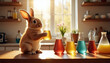 ©  VladaToday - Adorable bunny holding a flask in a sunlit kitchen with colorful beakers and copy space