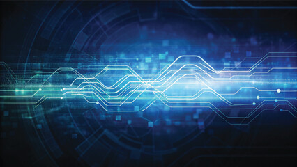 Close-up of a blue circuit board background with digital lines illustrating technology and network communication design