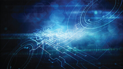 Close-up of a blue circuit board background with digital lines illustrating technology and network communication design