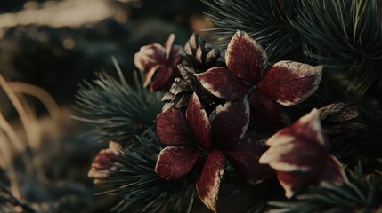 Poster - Close-Up View of Red Flowers on Pine Branch with Natural Background