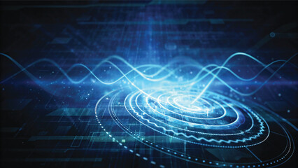 Close-up of a blue circuit board background with digital lines illustrating technology and network communication design