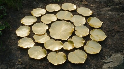Poster - Decorative Golden Leaf Plates Arranged in Circular Pattern Outdoors