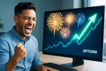 Poster - Happy man celebrates financial success while watching stock options rise on screen with fireworks in background in modern office setting. Ai generative