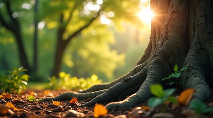 Closeup of ancient tree roots in a sunlit forest
