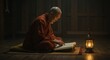 © Krezzo Art - Serene Monk Reading Ancient Texts by Lamplight: A Moment of Tranquility and Spiritual Reflection in a Rustic Wooden Room