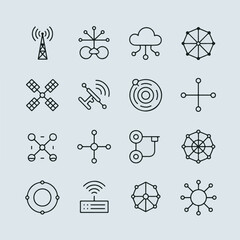 Poster - Collection of black line art technology and network icons on light blue background vector icon bundle pack