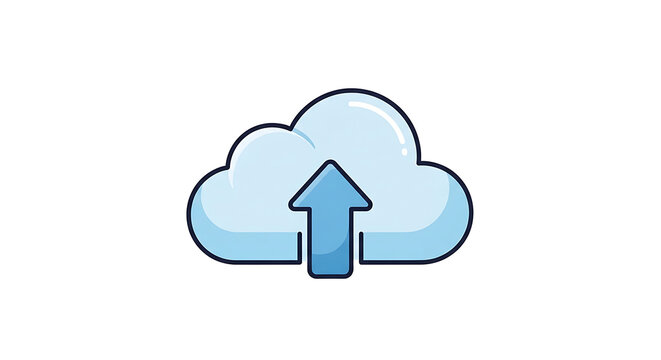 A cartoon cloud with an upward pointing arrow indicating uploading on a white background space ai generated