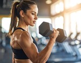 Woman performing bicep curl with dumbbell in gym (1)