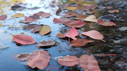 Poster - Red and Brown Leaves Floating on Water in a Tranquil Setting