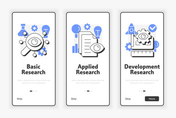 Poster - Types of research and development mobile onboarding screen. Organization innovation UX UI illustration. Flat outline style icons with blue accent. Informa Pro Bold, Montserrat Light fonts used