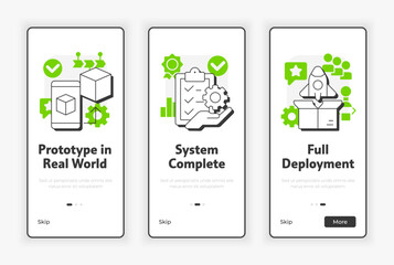 Poster - Technology readiness levels mobile onboarding screen. Deployment stage analyzing UX UI illustration. Flat outline style icons with green accent. Informa Pro Bold, Montserrat Light fonts used