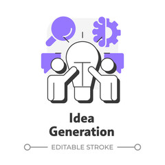 Poster - Idea generation flat outline concept icon. Brainstorming, research, observation of feedbacks. Innovation funnel. Modern line illustration with purple glyphs. Conceptual visual. Easy to edit