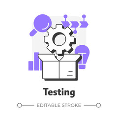 Poster - Testing flat outline concept icon. Prototype evaluation under controlled real world conditions. Innovation funnel. Modern line illustration with purple glyphs. Conceptual visual. Easy to edit